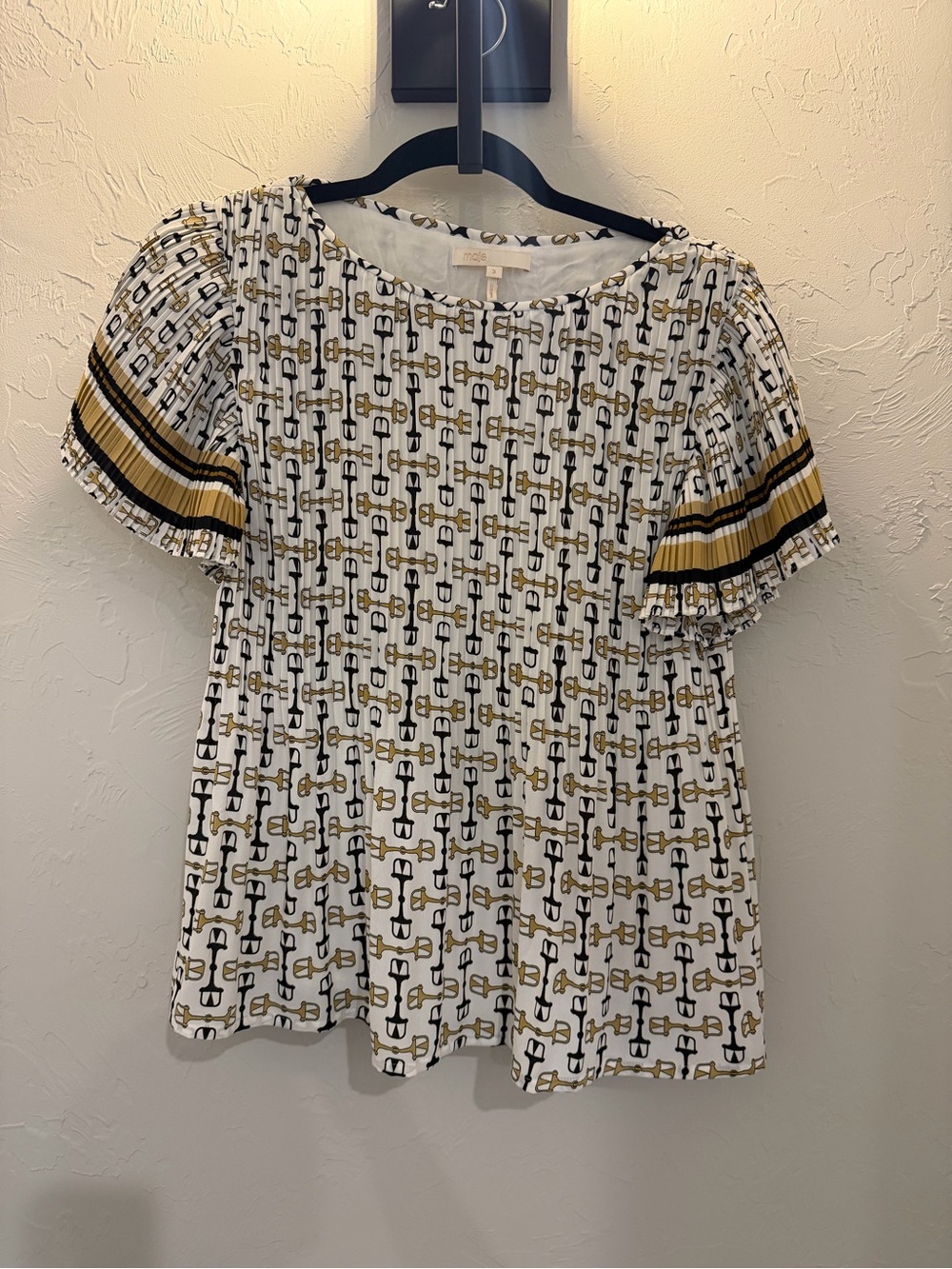 Maje White Top with Gold & Black Geometric Print